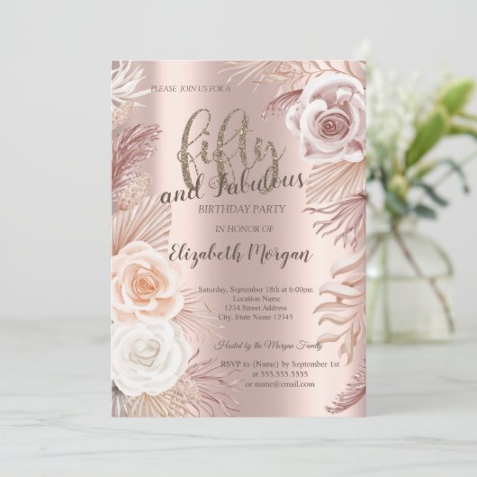 Boho Flowers Roos Gold 50th Birthday Party Kaart (Staand voorkant)