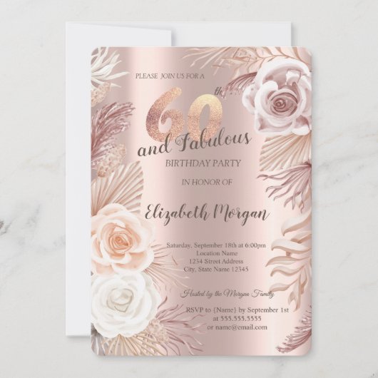 Boho Flowers Roos Gold 60th Birthday Invitation Kaart (Voorkant)
