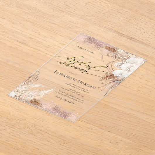 Boho Flowers Roos Gold Confetti Vrijgezellenfeest Acryl Uitnodigingen (Laagn)