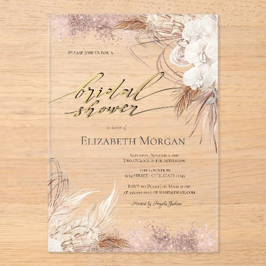 Boho Flowers Roos Gold Confetti Vrijgezellenfeest Acryl Uitnodigingen (Voorkant)