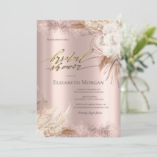 Boho Flowers Roos Gold Confetti Vrijgezellenfeest Kaart (Staand voorkant)