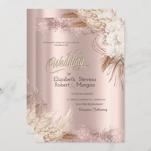 Boho Flowers Roos Gold Confetti Wedding Kaart (Voorkant / Achterkant)