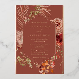 Boho Flowers Roos Gold Foil Wedding Folie Uitnodiging