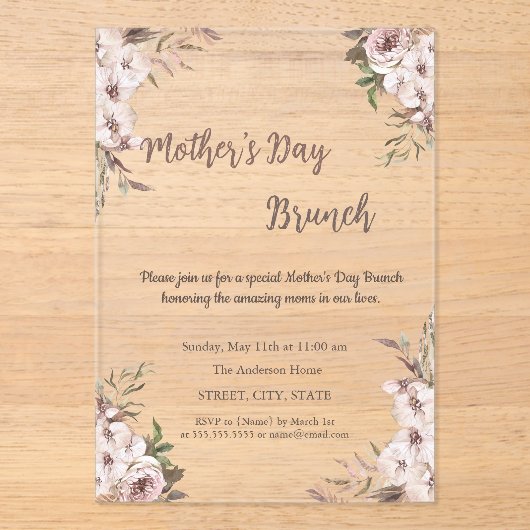 Boho Flowers Roos Gold Moederdag Brunch Acryl Uitnodigingen (Voorkant)