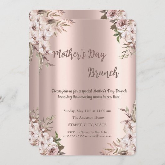 Boho Flowers Roos Gold Moederdag Brunch Kaart (Voorkant / Achterkant)