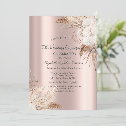 Boho Flowers Roos Goud Bruiloft Jubileum Kaart (Staand voorkant)