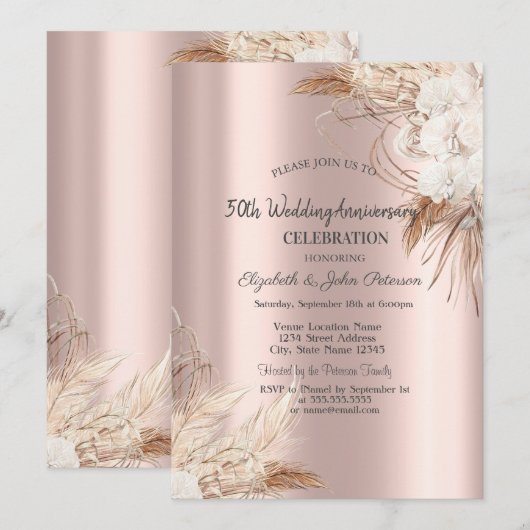 Boho Flowers Roos Goud Bruiloft Jubileum Kaart (Voorkant / Achterkant)