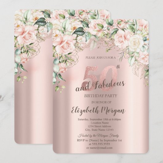 Boho Flowers Rozen Roos Gold 50ste verjaardag Kaart (Voorkant / Achterkant)