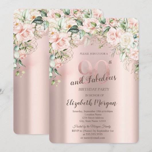 Boho Flowers Rozen Roos Gold 90ste verjaardag Kaart (Voorkant / Achterkant)