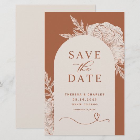 Boho Flowers Terracotta Arch Save the Date Card (Voorkant / Achterkant)