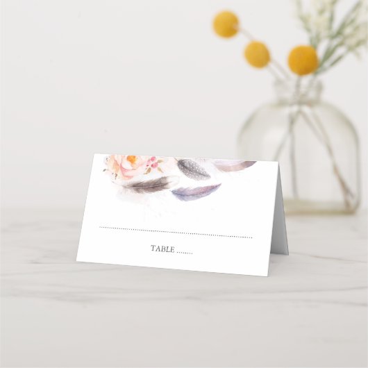 Boho Flowers Waterverf veren Plaatskaartje (Voorkant)