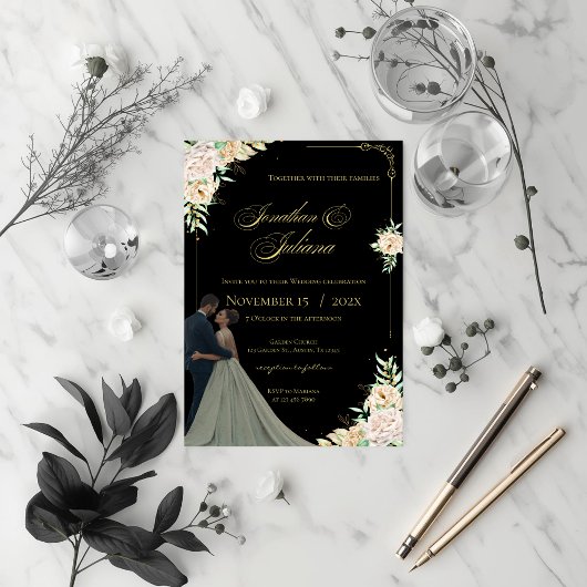 Boho Flowers Wedding Invitation Kaart