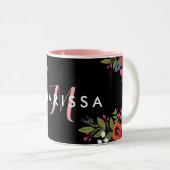 Boho Flowers - Zwart met roze monogram Tweekleurige Koffiemok (Voorkant rechts)