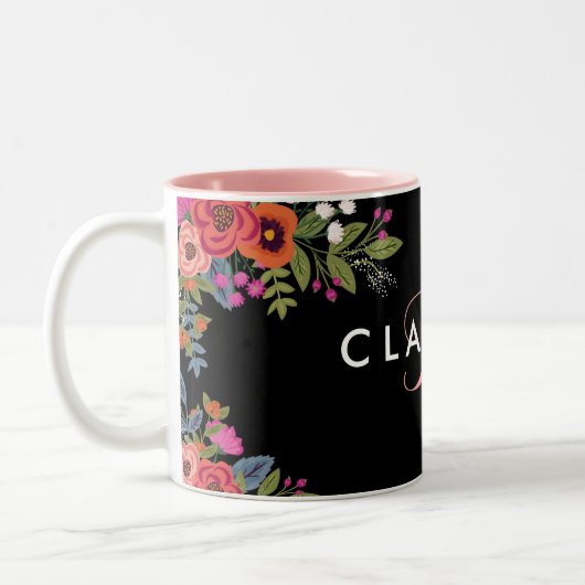 Boho Flowers - Zwart met roze monogram Tweekleurige Koffiemok (Links)