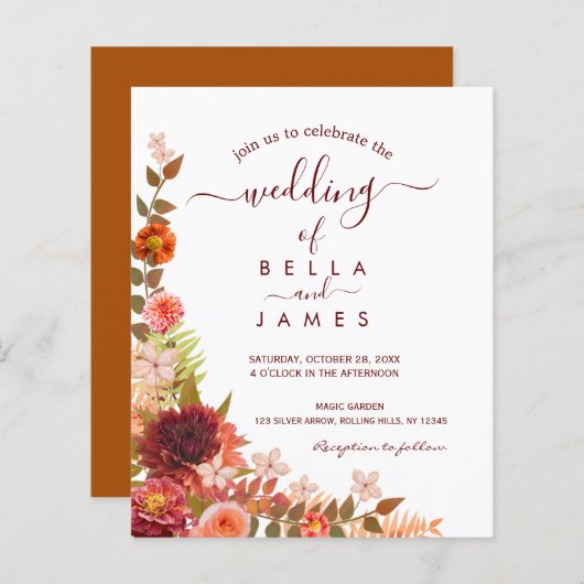 Boho Foliage Floral Terracotta Wedding Invitation (Voorkant / Achterkant)