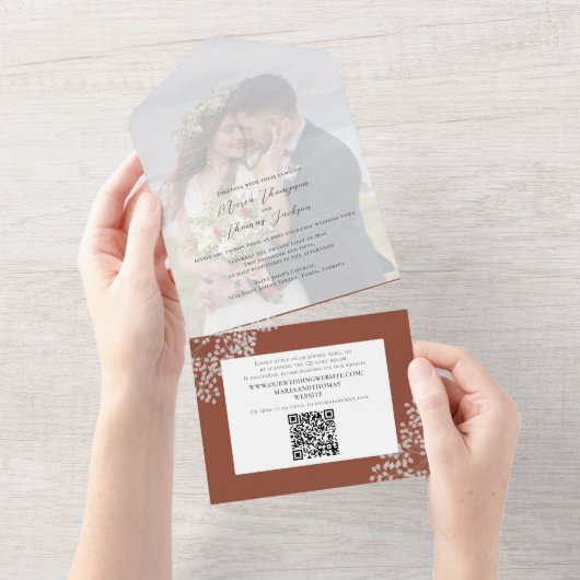 Boho Foliage Terracotta QR Code Website All In One Uitnodiging (Afscheurbaar)