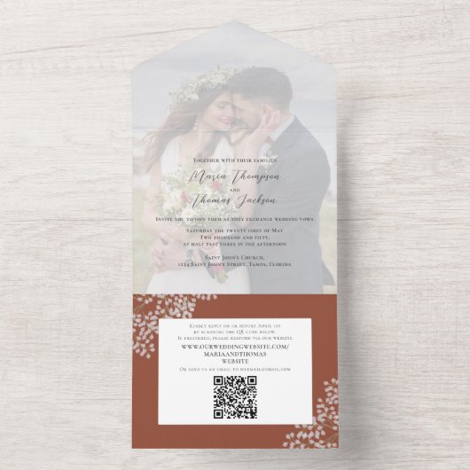Boho Foliage Terracotta QR Code Website All In One Uitnodiging (Binnen)