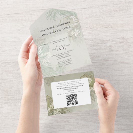 Boho Foliage Tropical Palm Leaves Budget QR Code All In One Uitnodiging (Afscheurbaar)