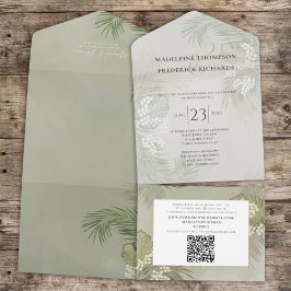 Boho Foliage Tropical Palm Leaves Budget QR Code All In One Uitnodiging