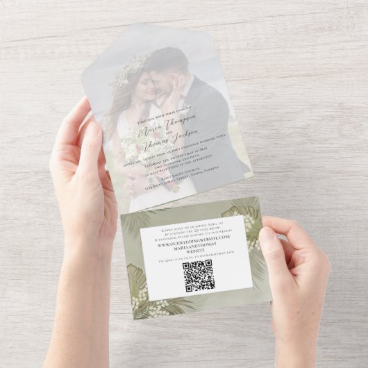 Boho Foliage Tropical Palm lekt foto QR Code All In One Uitnodiging (Afscheurbaar)
