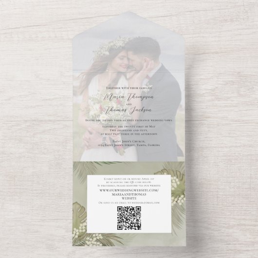 Boho Foliage Tropical Palm lekt foto QR Code All In One Uitnodiging (Binnen)