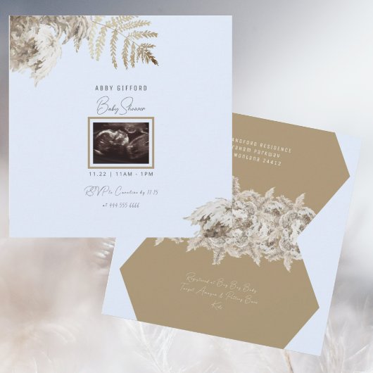 Boho Foliage Ultrasound Blue Baby shower Kaart