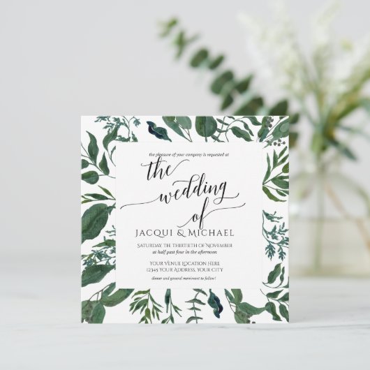 BOHO Foliage Wedding Waterverf Krans | Vierkant Kaart (Staand voorkant)
