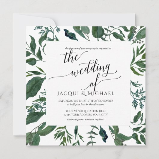 BOHO Foliage Wedding Waterverf Krans | Vierkant Kaart (Voorkant)