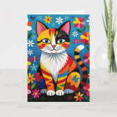 Boho Folk Art Cat, Flowers & Butterfly Birthday Kaart (Voorkant)