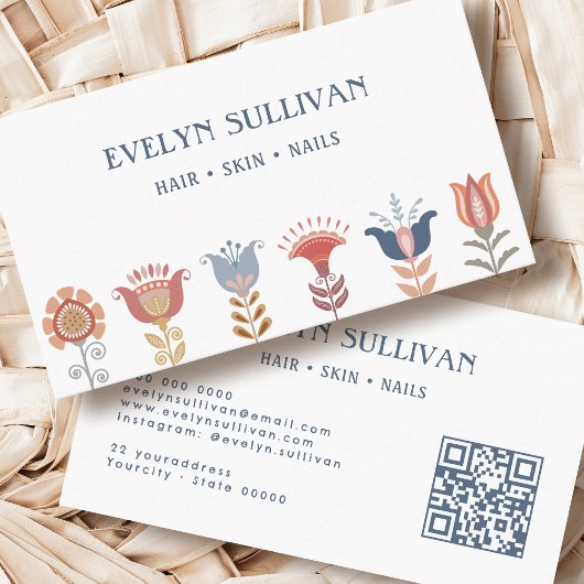 Boho Folk Art Flowers QR Code visitekaartje