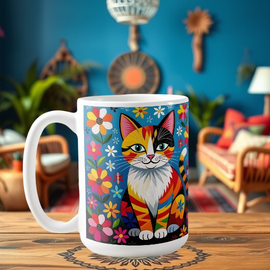Boho Folk Art Kat, Bloemen & Vlinder   Koffiemok