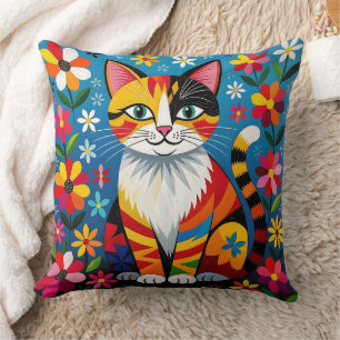 Boho Folk Art Kat, Bloemen & Vlinder Kussen