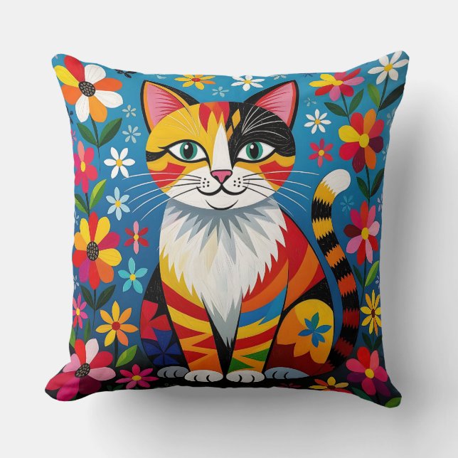 Boho Folk Art Kat, Bloemen & Vlinder   Kussen (Voorkant)
