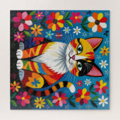 Boho Folk Art Kat, Bloemen & Vlinder   Legpuzzel (Horizontaal)
