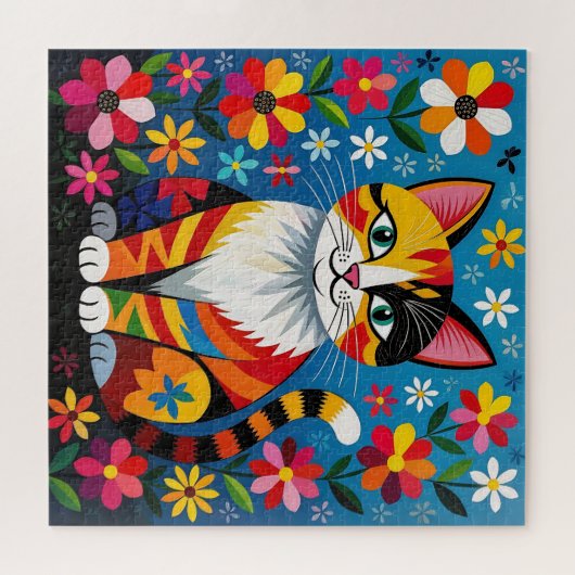 Boho Folk Art Kat, Bloemen & Vlinder   Legpuzzel (Horizontaal)