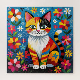 Boho Folk Art Kat, Bloemen & Vlinder Legpuzzel