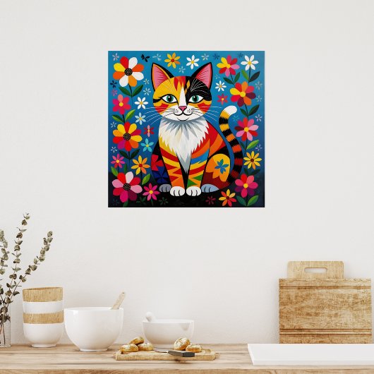 Boho Folk Art Kat, Bloemen & Vlinder   Poster (Keuken)