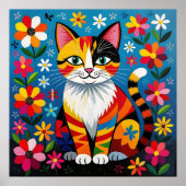 Boho Folk Art Kat, Bloemen & Vlinder   Poster (Voorkant)