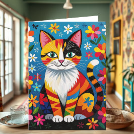 Boho Folk Art Kat, Bloemen & Vlinder Verjaardag Kaart