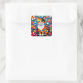 Boho Folk Art Kat, Bloemen & Vlinder Vierkante Sticker (Tas)