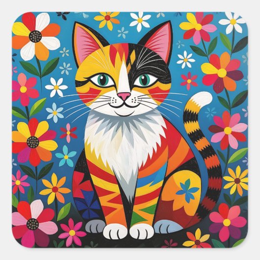 Boho Folk Art Kat, Bloemen & Vlinder Vierkante Sticker (Voorkant)