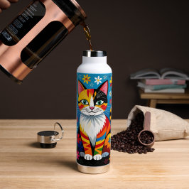 Boho Folk Art Kat, Bloemen & Vlinder Waterfles