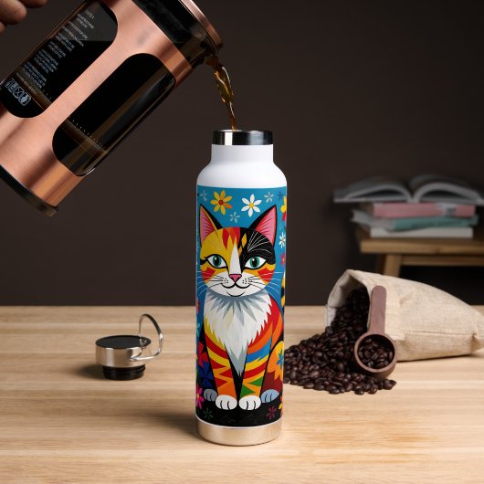Boho Folk Art Kat, Bloemen & Vlinder Waterfles (Koffie (Gedraaid) )