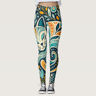 Boho Folk Art Kat en Bloem Motief Leggings