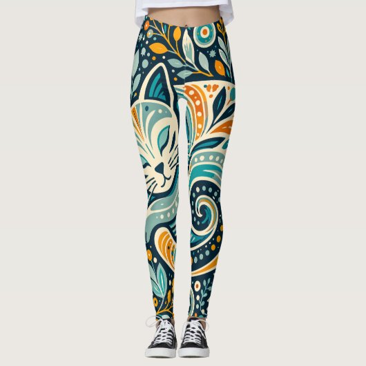 Boho Folk Art Kat en Bloem Motief Leggings (Voorkant)