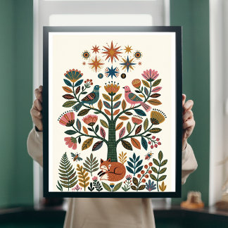 Boho Folk Art Levensboom Pauw Hemellichaam Poster