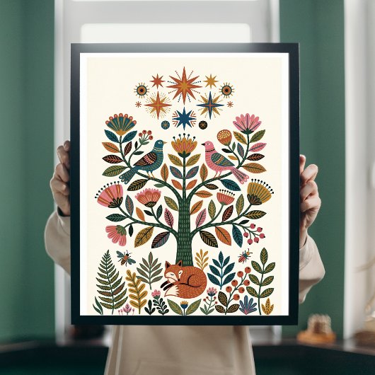 Boho Folk Art Levensboom Pauw Hemellichaam Poster