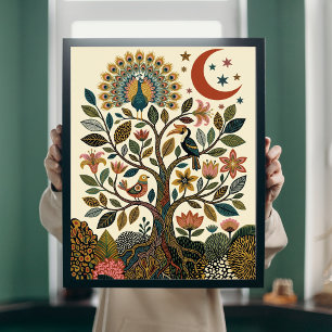 Boho Folk Art Levensboom Pauw Himmelse Poster