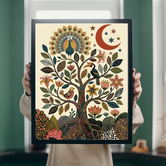 Boho Folk Art Levensboom Pauw Himmelse Poster