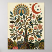 Boho Folk Art Levensboom Pauw Himmelse Poster (Voorkant)